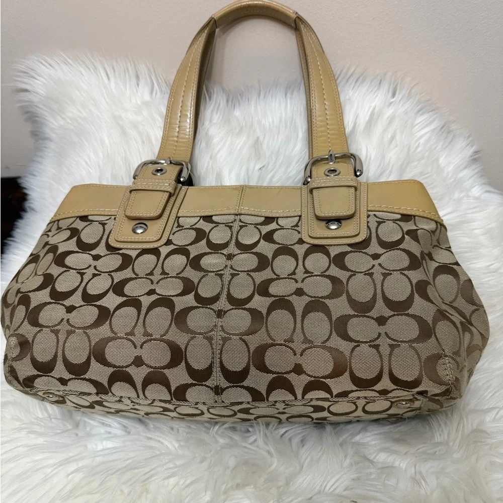 Coach Beige Monogram Shoulder Bag with Cream Trim#F13742